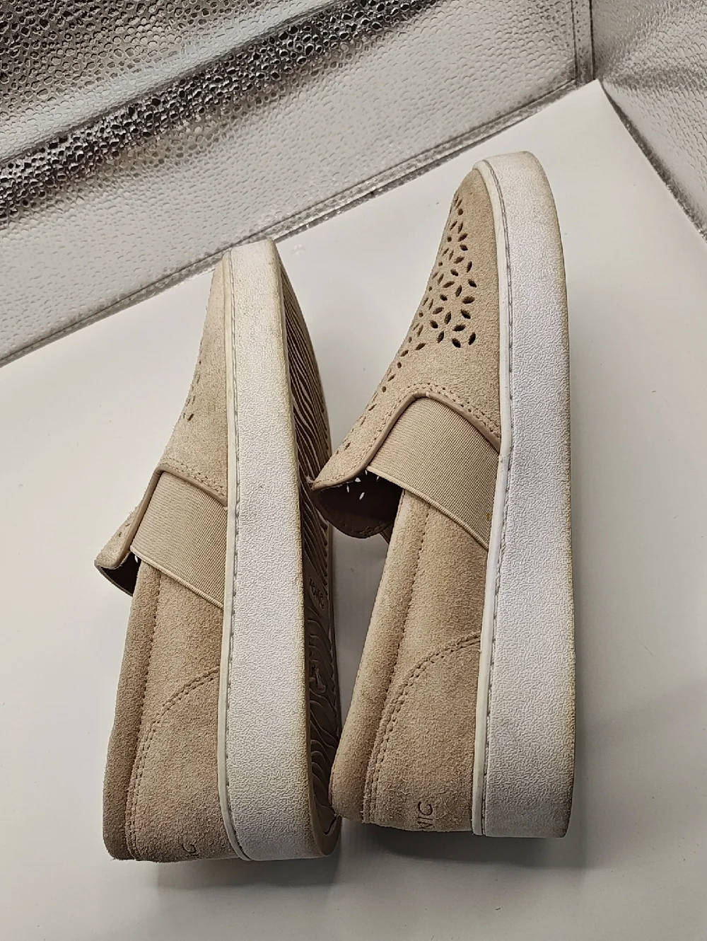 Vionic Women Shoes 6.5 Tan Suede Laser Cut Perforated Slip On Sneakers